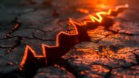 Glowing orange zigzag crack on dark textured surface creates dramatic lighting effect. Abstract background with mysterious luminous line pattern and moody atmosphere.