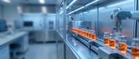 Modern pharmaceutical manufacturing facility with automated production line filling orange medication bottles in sterile cleanroom environment.