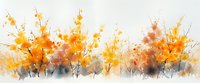 Delicate watercolor autumn landscape with orange and yellow wildflowers, soft gray shadows and white background creates gentle natural border composition.