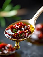Spoonful of sun-dried tomatoes in olive oil with herbs and spices dripping golden liquid, macro shot on dark background with selective focus and soft bokeh.