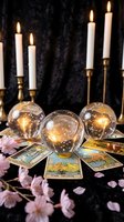 Mystical tarot reading setup with glowing crystal balls, burning candles in brass holders, scattered cards and pink flower petals on dark surface.