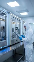 Scientist in protective suit working with tablet in sterile laboratory cleanroom environment with modern equipment and LED lighting for pharmaceutical research.