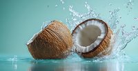 Fresh coconut halves with splashing clear water and droplets against turquoise background, dramatic food photography showing tropical fruit in motion.