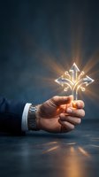 Businessman hand holding glowing directional arrows symbol representing strategic decision making and multiple pathway choices in corporate leadership.
