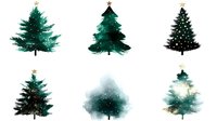 Watercolor Christmas trees collection with gold star toppers on white background, isolated festive elements for holiday season designs and decorations.