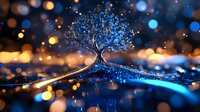 Glowing magical tree with blue luminescent leaves on reflective surface amid golden bokeh lights and sparkles, creating dreamy fantasy atmosphere.