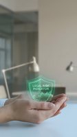 Businessman hands holding holographic legal risk indicator shield with chart in modern office environment for compliance and protection concepts.