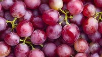 Fresh ripe red grapes close up with water drops, natural texture background of juicy grape berries with green stems for wine or healthy eating.