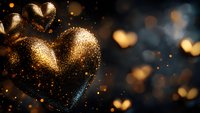 Golden glowing heart with sparkling particles against dark background, romantic bokeh lights creating magical atmosphere for Valentine's Day or wedding design.