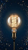 Vintage Edison light bulb with spiral filament glowing warmly against dark blue background with golden bokeh particles for creative lighting design concepts.