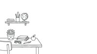 Workspace desk setup with shelf, clock, pencil holder, potted lotus plant, stacked books, apple, and glasses on white background, isolated line art for design projects.