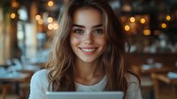 Young Caucasian woman with bright smile and wavy brown hair wearing white sweater in cozy restaurant setting with warm bokeh lights in background. Genuine happiness expression.