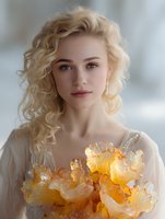 Young Caucasian woman with blonde curly hair and natural makeup holding luminous yellow iris flowers against soft light background, wearing white delicate dress.