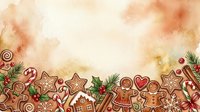 Gingerbread cookies and candy canes arranged on aged parchment with holly sprigs and snowflakes, creating festive holiday baking and seasonal decoration background.
