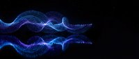 Digital blue energy waves flowing across dark background with glowing particles and light trails creating futuristic abstract motion pattern for technology designs.