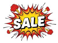 Comic book style sale explosion burst with bold lettering and dynamic rays isolated on white background for promotional marketing designs.