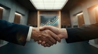 Business handshake in modern conference room with financial growth chart on screen symbolizing successful partnership and corporate agreement.