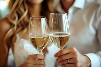Romantic couple toasting with champagne glasses at wedding celebration, close-up view of sparkling wine and elegant stemware in soft natural light.
