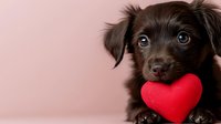 Adorable dark-haired puppy holding red heart shape toy in mouth against pink background, looking at camera with expressive eyes. Pet love concept.