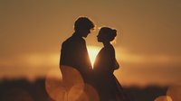 Romantic couple silhouettes embracing at golden sunset, intimate moment between man and woman against warm orange sky backdrop for love concepts.