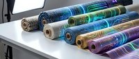 Colorful fabric rolls displayed on white table showcasing vibrant textile patterns and materials for fashion design and creative projects.