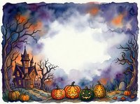 Halloween watercolor frame with haunted house, jack-o-lanterns and bare trees on spooky purple orange sky background for seasonal greeting cards.