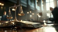 Scales of justice on lawyer desk with legal documents in dramatic lighting, bokeh effect creates professional atmosphere in law office interior.