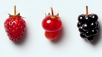 Fresh berries on wooden sticks isolated on white background. Strawberry, cherry and blackberry fruit popsicles for healthy snacking and dessert concepts.