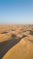 Vast desert landscape with golden sand dunes casting long shadows under clear blue sky, showcasing arid terrain and natural patterns for travel and nature concepts.