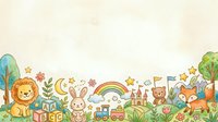 Children's nursery border with lion, rabbit, fox, owl, rainbow, castle, blocks, moon, stars, and colorful plants on cream background. Suitable for wallpaper, fabric, and educational materials.