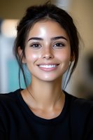 Young Hispanic woman with natural makeup and casual black top smiling warmly at camera. Dark hair styled in relaxed updo with loose strands framing face.
