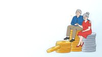Senior couple sitting on stacks of coins planning retirement savings and financial security for golden years.