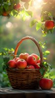 Fresh red apples in wicker basket under apple tree branches with green leaves, soft sunlight creating magical garden atmosphere in harvest season.