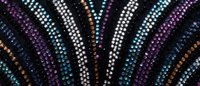 Curved lines of glowing dots in turquoise, purple, and copper colors create dynamic pattern against black background, forming elegant abstract composition.