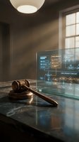 Wooden gavel on desk with holographic legal technology interface displaying compliance and ethics flowcharts in modern law office setting.