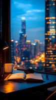 Open book and coffee cup on desk against window with blurred urban nightscape, glowing city lights and skyscrapers creating atmospheric evening mood for study or work.