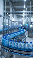 Bottled water production line with blue plastic bottles moving on conveyor system in modern industrial factory facility with bright lighting.