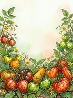 Heirloom tomato plants with ripe and ripening fruits in various stages of maturity, featuring red, yellow, orange and green varieties with flowering stems and foliage on isolated watercolor background.