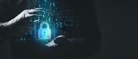 Hands protecting glowing padlock symbol with digital code and data streams, representing cybersecurity, data protection, and secure network technology for business applications.