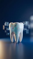 Digital tooth with circuit patterns and holographic data displays representing modern dental technology and smart healthcare innovation.