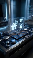 Smart home security system with holographic interface displaying wireless connectivity, camera monitoring, and lock controls on futuristic circuit board device for home automation.