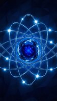 Glowing blue atomic structure with orbital rings and bright energy particles on dark background for science education and technology concepts.