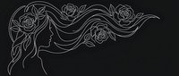 Elegant woman silhouette with flowing hair adorned with roses in minimalist line art style on black background for feminine design projects.