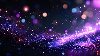 Magical glowing particles with purple and blue bokeh lights floating in dark space, creating dreamy cosmic atmosphere for festive backgrounds.