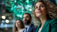 Young Caucasian businesswoman with curly hair and green blazer smiling confidently during corporate meeting, blurred colleagues and bokeh lights in background.