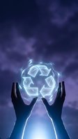 Hands holding glowing recycling symbol with energy light against stormy sky, representing sustainable environmental solutions and green technology innovation.