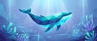 Digital whale swimming through futuristic underwater tech environment with glowing circuits, coral elements and blue gradient background for modern design.