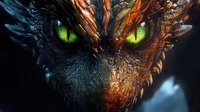 Fierce dragon face with glowing green eyes and detailed scaly texture in dark atmospheric lighting, combining elements of fantasy and menace for gaming or book cover design.