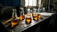 Amber liquid in laboratory flasks arranged on granite countertop in scientific research facility, suitable for chemistry, education, and industrial applications.
