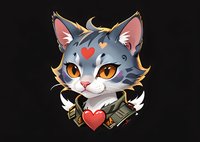 Cute cartoon gray cat character with heart markings and orange eyes wearing military style collar, perfect for gaming avatars and merchandise design. Isolated on black background.